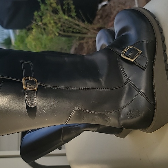 Fly London Womens  Sz 9 Black Mid-Calf Buckle Zipped Wedge Leather Boot Lug Moto - Picture 2 of 14